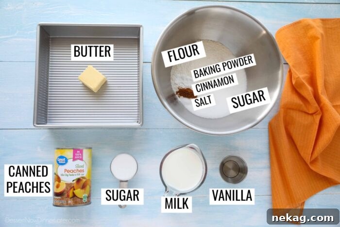 Effortless Peach Cobbler Perfection 6 Labeled ingredients for peach cobbler with canned peaches.