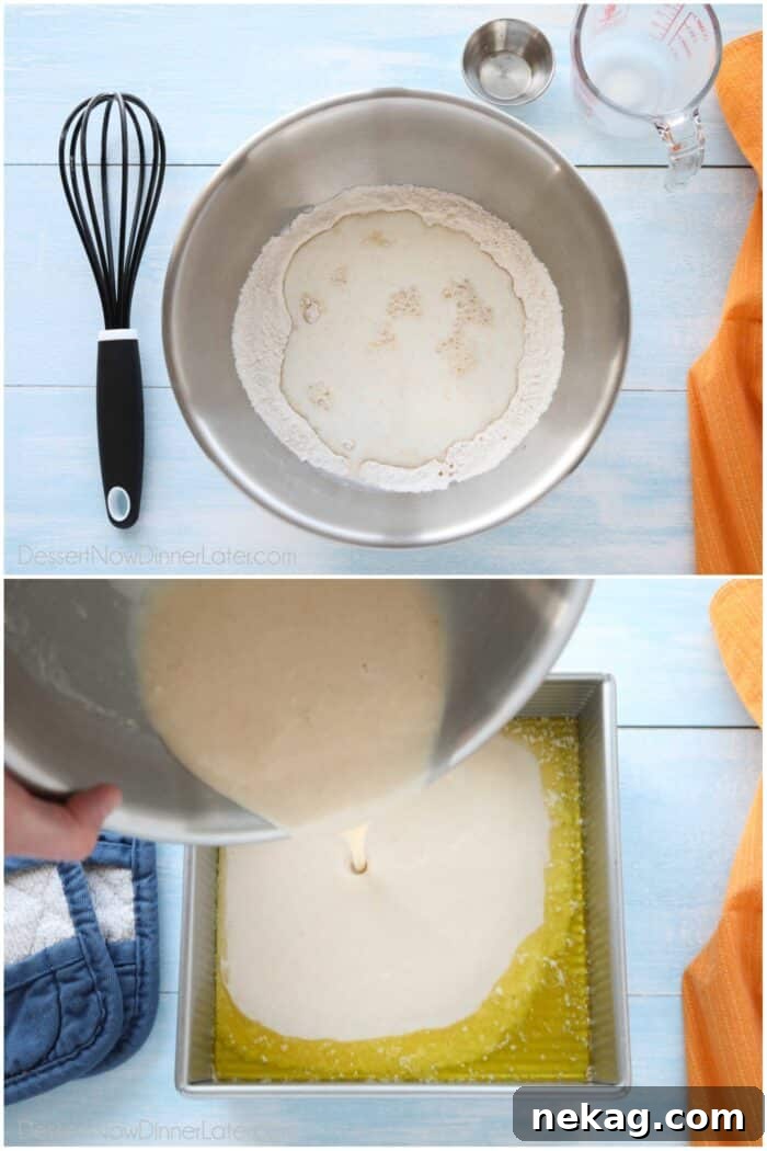 Effortless Peach Cobbler Perfection 8 Two image collage. Top: Bowl of cake batter ingredients. Bottom: Pouring cake batter into pan of melted butter.