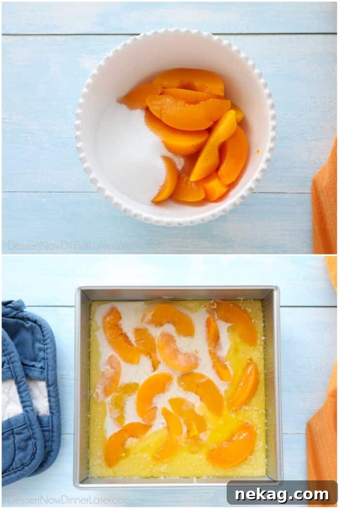 Effortless Peach Cobbler Perfection 9 Two image collage. Top: Canned peaches and sugar in a bowl. Bottom: Peach slices added to pan of cake batter and butter.