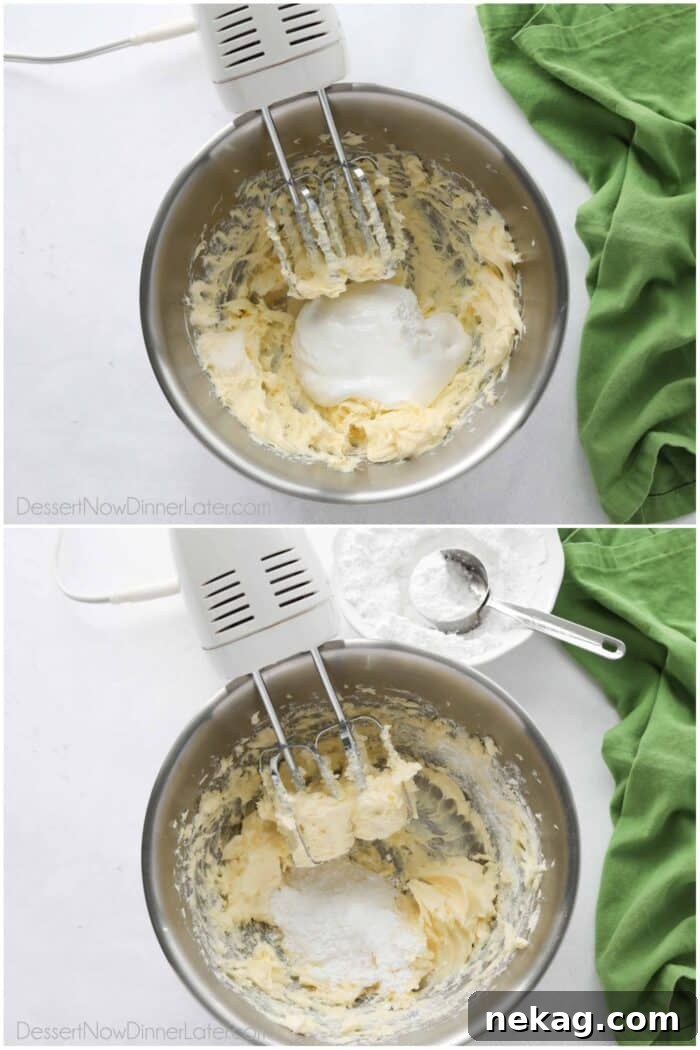 Collage showing steps to make marshmallow buttercream frosting: creaming butter, adding marshmallow creme, and mixing in powdered sugar.