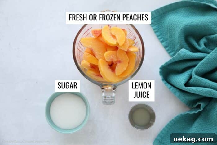 Three core ingredients for peach sorbet: a bag of frozen peach slices, a bowl of granulated sugar, and a small jug of lemon juice, ready for blending.