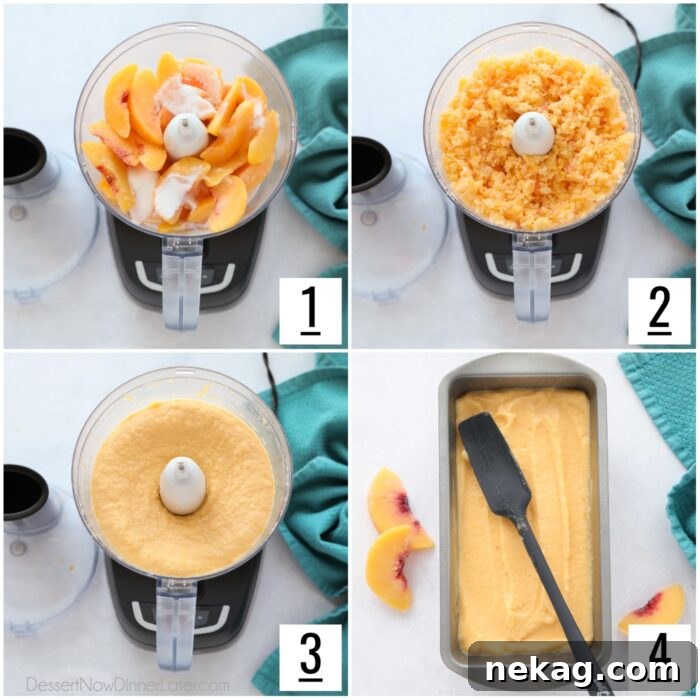 A four-panel collage showing the step-by-step process of making peach sorbet: adding ingredients to a food processor, blending, adding water, and finally serving it.