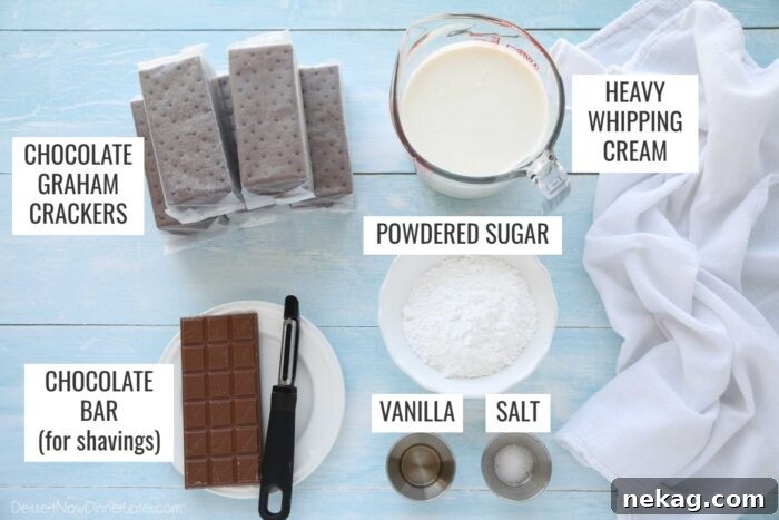 All the necessary ingredients for making icebox cake, neatly arranged and clearly labeled for easy identification.