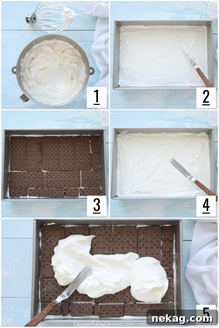 A step-by-step visual guide showing the process of making icebox cake, from whipping cream to layering crackers.