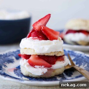 Strawberry Shortcake for Two, elegantly stacked with layers of whipped cream.
