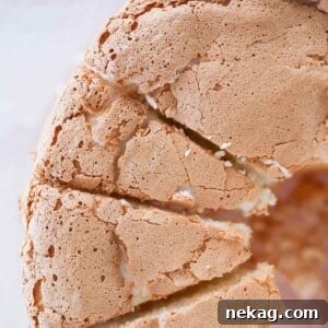 A close-up of the sliced, golden-brown top of a delicate angel food cake.