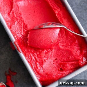 Raspberry Sorbet being scooped with a silver spoon, showing its smooth texture.