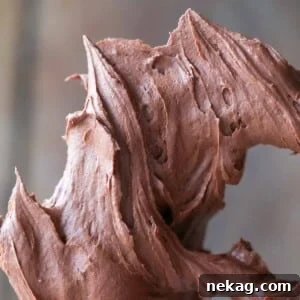 Peaks of chocolate buttercream beautifully swirled on a paddle attachment.