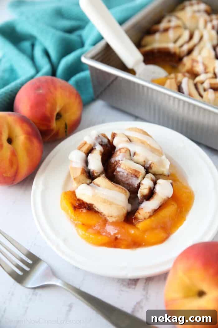 A close-up of a warm serving of Cinnamon Roll Peach Cobbler, showing the baked cinnamon roll and the sweet peach filling, drizzled with cream cheese frosting.