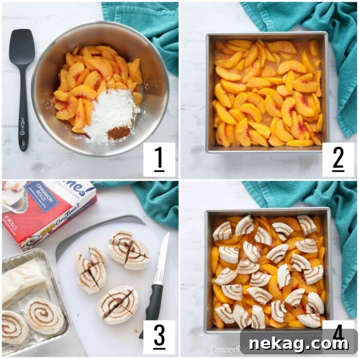 A visual guide showing the steps to prepare Cinnamon Roll Peach Cobbler, from slicing peaches to placing cinnamon roll pieces on top.