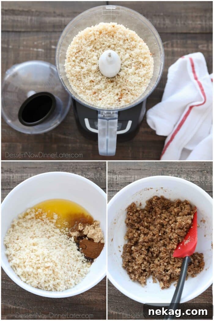 Three image collage showing bread crumbs being sweetened and mixed for the topping.