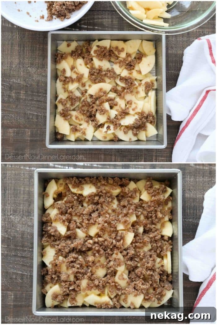 Two image collage of steps to layer the apples with the crumb topping in a baking pan.