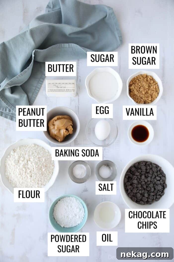 Chocolate Peanut Butter Cookie Chow 5 Labeled ingredients laid out neatly to make Muddy Buddy Cookies, including butter, sugars, peanut butter, eggs, flour, chocolate chips, and powdered sugar.