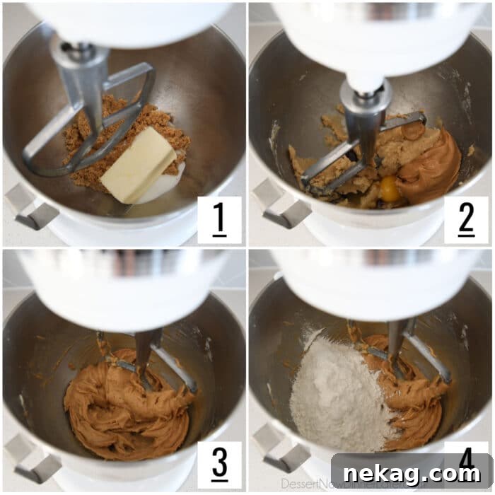 Chocolate Peanut Butter Cookie Chow 6 Four-image collage showing the step-by-step process of making peanut butter cookie dough: creaming butter and sugars, adding wet ingredients, combining dry ingredients, and mixing them all together.
