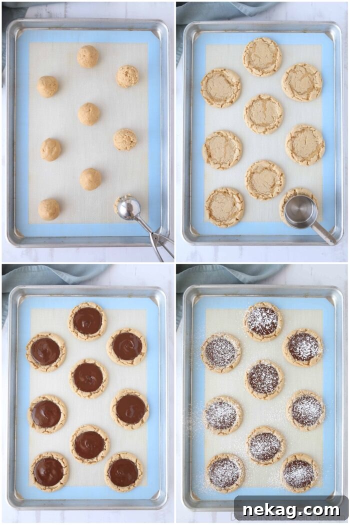 Chocolate Peanut Butter Cookie Chow 7 Four-image collage illustrating the assembly of Muddy Buddy Cookies: scooping dough, baking, pressing centers, and applying melted chocolate.
