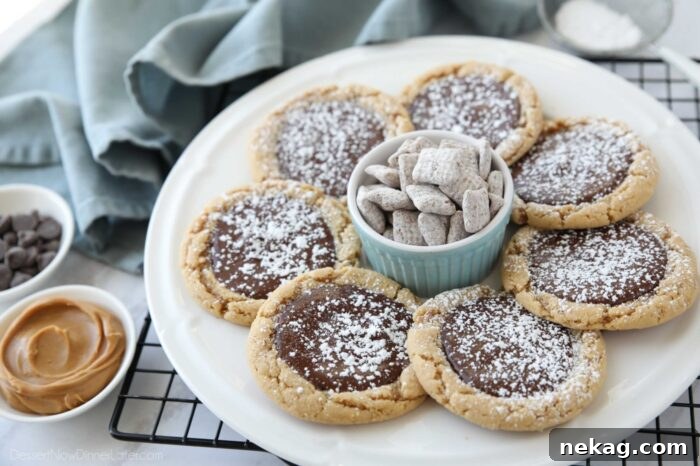 Chocolate Peanut Butter Cookie Chow 10 Angled view of a plate featuring several chocolate-topped peanut butter cookies, dusted with powdered sugar, with a bowl of muddy buddies Chex mix in the background, reinforcing the dessert's inspiration.