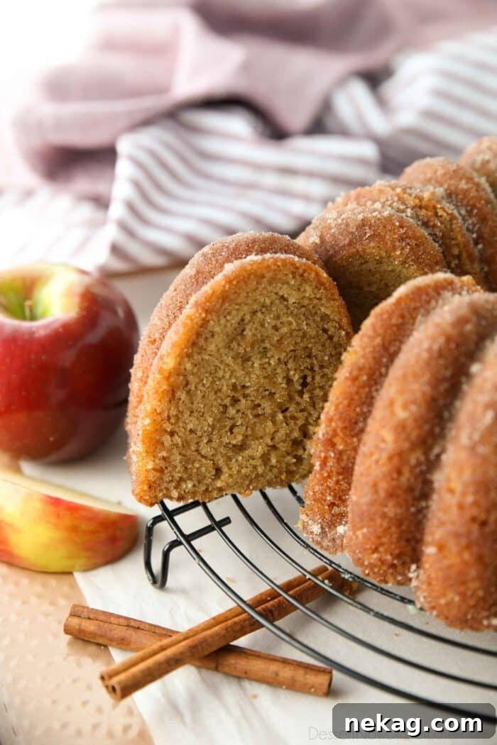 Slice being removed from the apple cider donut cake.