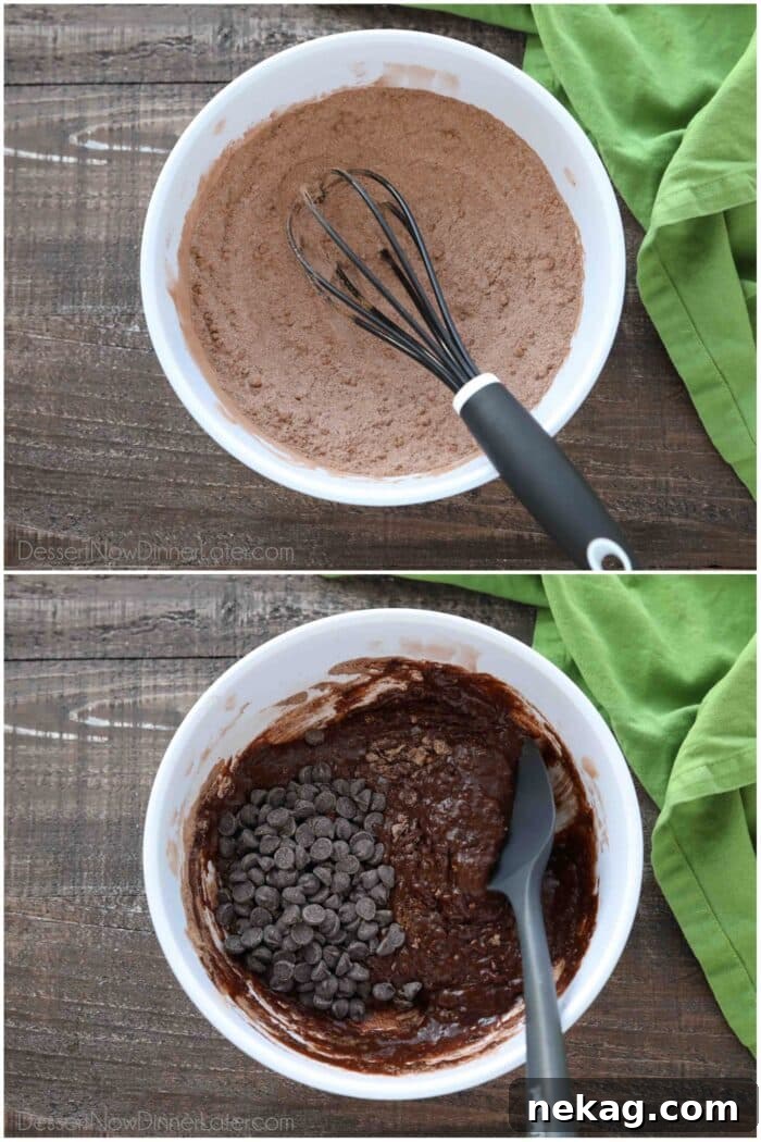 Speckled Jewels of the Stream 6 Hands mixing brownie batter in a bowl, showcasing the dark, rich texture of the chocolate mixture.