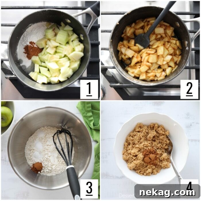 Cinnamon Apple Fritter Cake 5 A four-step collage illustrating the preparation: raw and cooked apple chunks, followed by dry and wet cake ingredients in separate bowls.