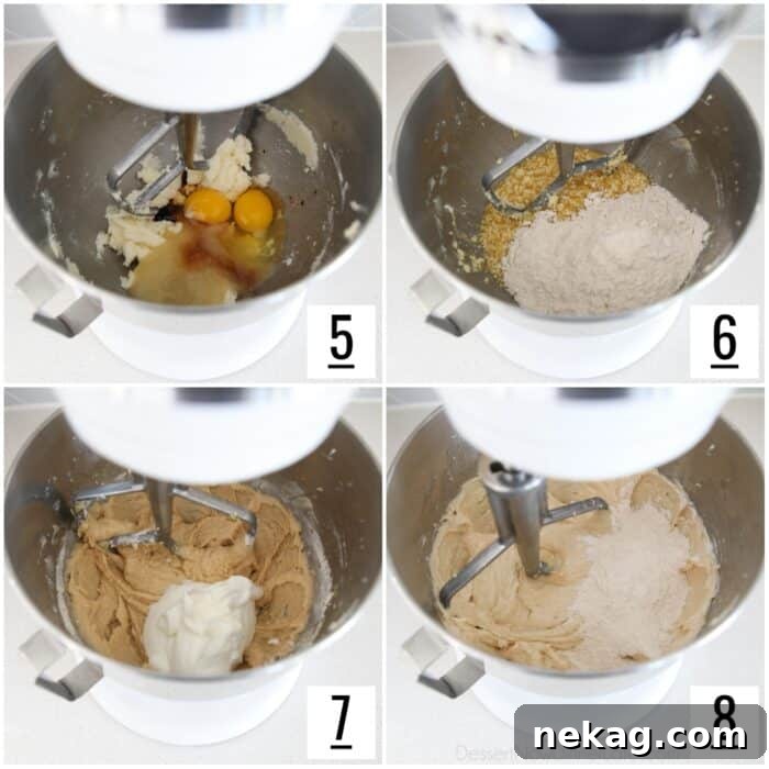 Cinnamon Apple Fritter Cake 6 A four-step collage showing the process of mixing the cake batter in an electric stand mixer, from creaming butter and sugar to the final combined batter.