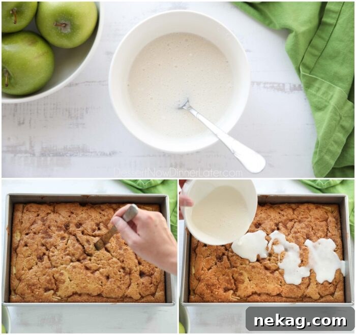 Cinnamon Apple Fritter Cake 9 A collage showing the glaze preparation: powdered sugar glaze in a bowl, followed by a knife poking holes in the warm cake, and finally, the glaze being poured over the cake.