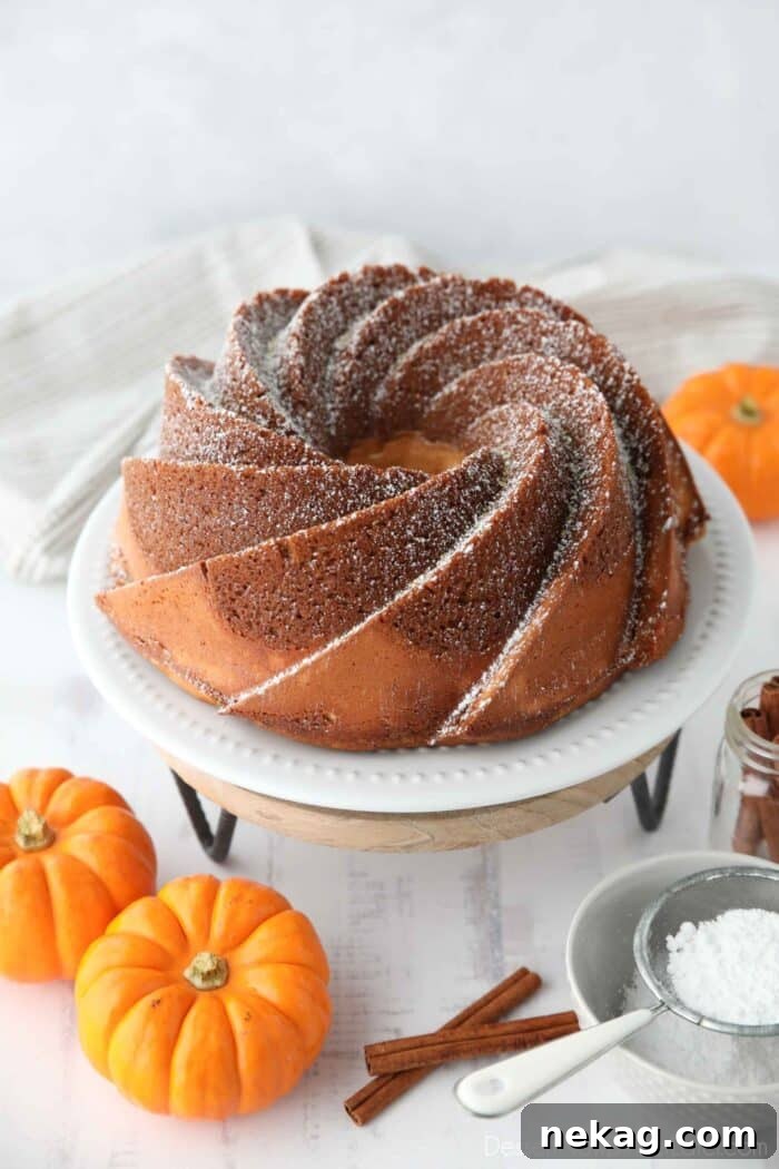 Spiced Pumpkin Bundt with Cream Cheese Swirl 3 A beautifully baked Pumpkin Cream Cheese Bundt Cake dusted with powdered sugar, sitting on an elegant plate, ready to be admired.