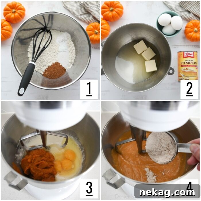 Spiced Pumpkin Bundt with Cream Cheese Swirl 5 A visual step-by-step guide showing the mixing process of the pumpkin cake batter in a stand mixer, from creaming butter and sugar to combining all ingredients.