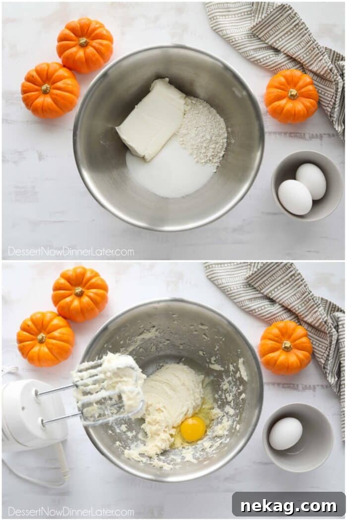 Spiced Pumpkin Bundt with Cream Cheese Swirl 6 A visual guide showing the process of making cream cheese filling, from combining ingredients to a smooth, creamy texture.
