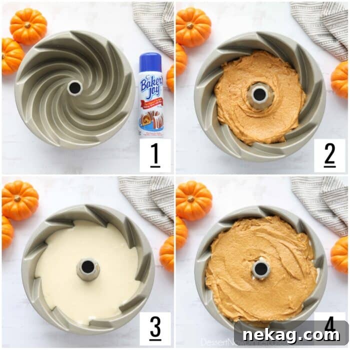 Spiced Pumpkin Bundt with Cream Cheese Swirl 7 A sequence of images demonstrating how to layer pumpkin cake batter and cream cheese filling into a bundt pan for baking.