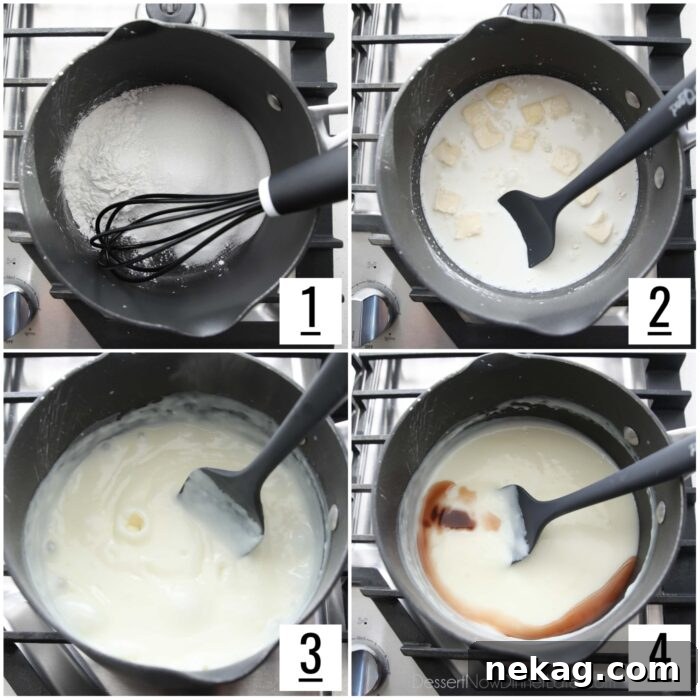 Homemade Sugar Cream Pie Recipe Video 5 A step-by-step visual guide showing the process of making sugar cream pie filling, from whisking dry ingredients to cooking the creamy mixture.