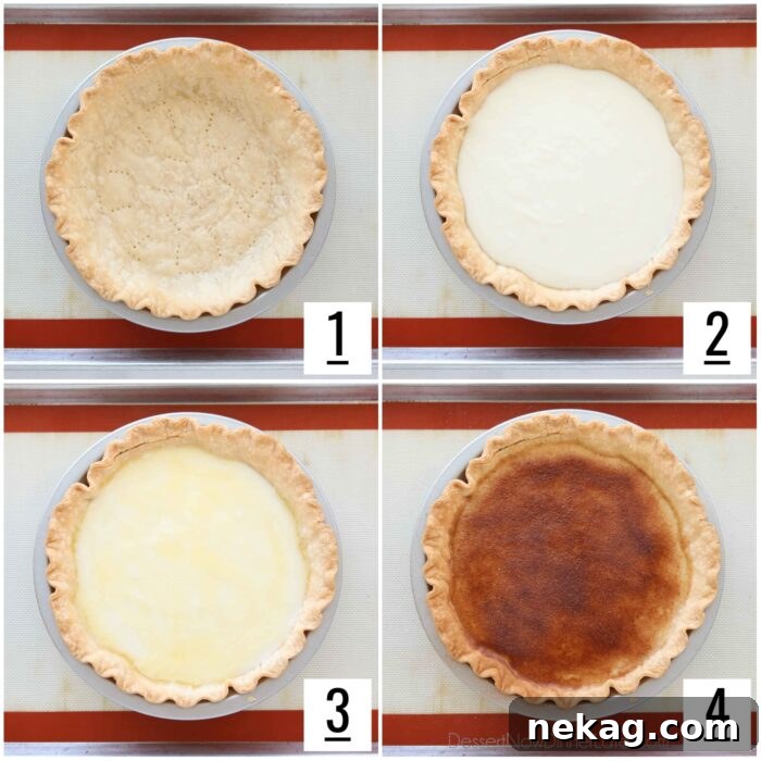 Homemade Sugar Cream Pie Recipe Video 6 A collage of images demonstrating the assembly steps for Hoosier Sugar Cream Pie, including pouring the filling and preparing the spiced topping.
