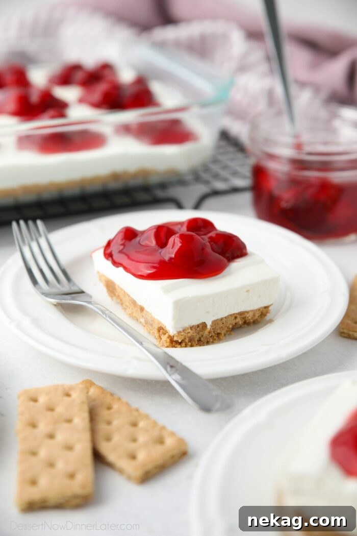 Crimson Cherry Bliss 4 Slice of cherry delight no bake cheesecake on a plate.