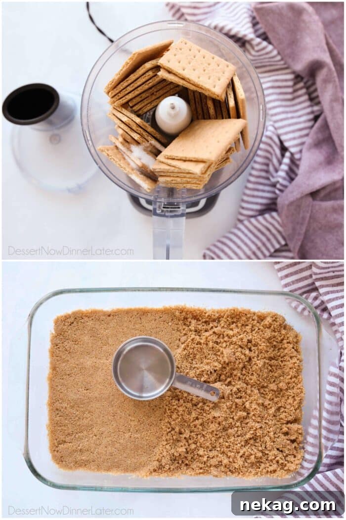 Crimson Cherry Bliss 5 Collage image of recipe steps to make a graham cracker crust in a 9x13 pan.