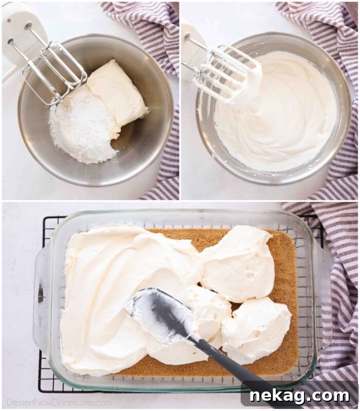 Crimson Cherry Bliss 6 Collage image of recipe steps to make no-bake cheesecake filling.
