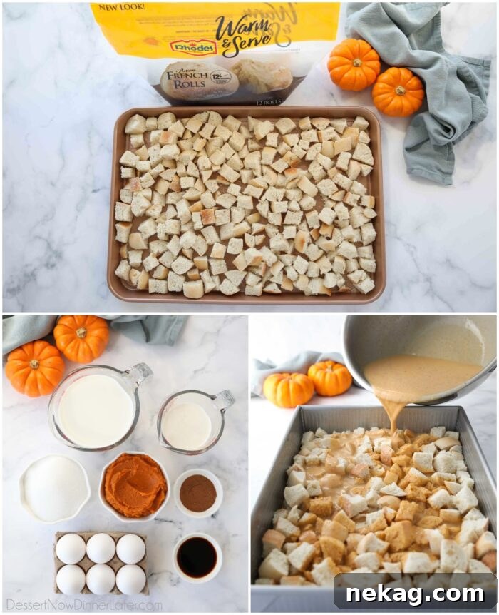Fall Favorite Pumpkin French Toast Bake 7 A three-image collage showing the preparation of pumpkin French toast casserole. Top left: Bread cubes on a baking sheet. Top right: Measured ingredients for the custard. Bottom: Pumpkin custard being poured over the bread cubes in a baking dish.