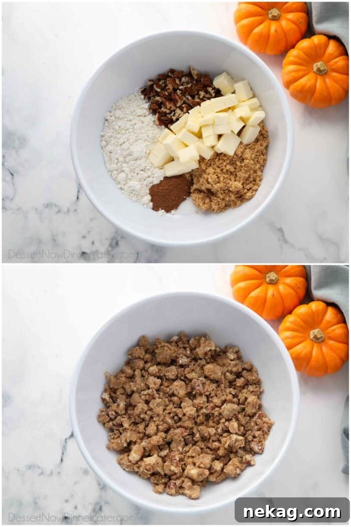 Fall Favorite Pumpkin French Toast Bake 8 A two-image collage showing the preparation of the streusel topping. Top: Dry ingredients for streusel in a bowl. Bottom: Ingredients mixed together, forming coarse crumbs.