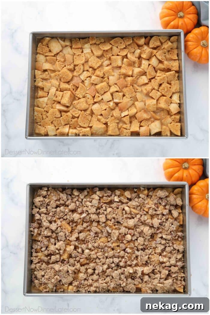 Fall Favorite Pumpkin French Toast Bake 9 A two-image collage showing the baking process of pumpkin French toast casserole. Top: Cubed bread soaking in pumpkin custard in a baking dish. Bottom: Streusel topping evenly sprinkled over the casserole before baking.