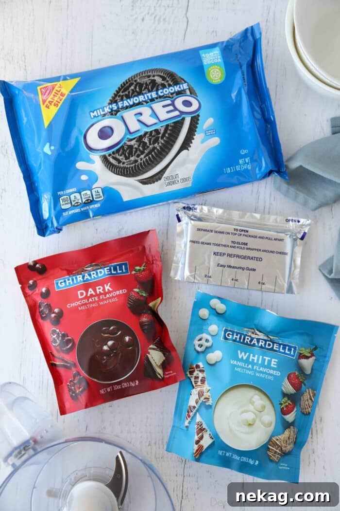 No Bake Oreo Truffles 5 The three ingredients needed for Oreo Balls: Oreos, cream cheese, and chocolate melting wafers.