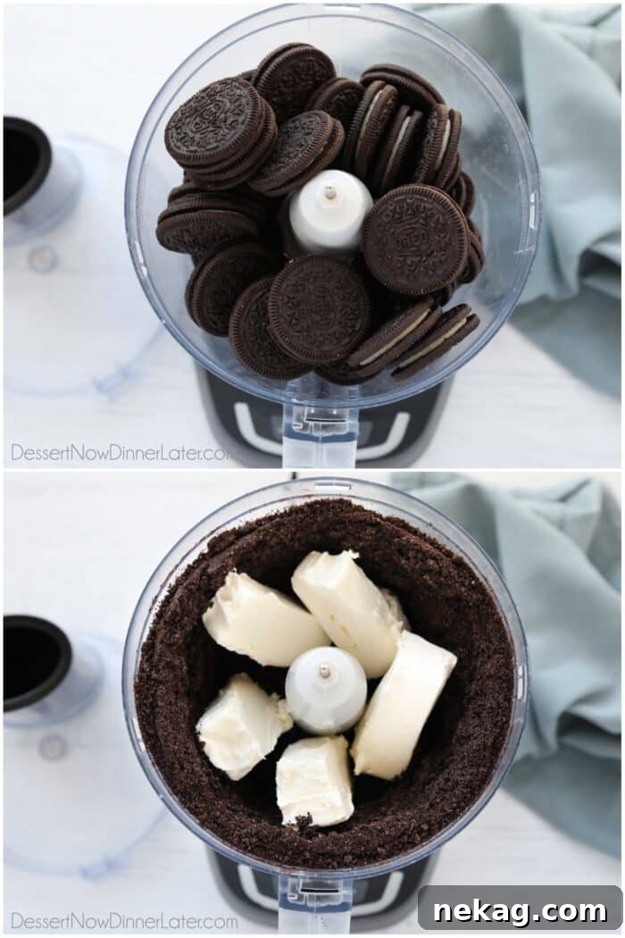 No Bake Oreo Truffles 6 Two images side by side. The first shows whole Oreos in a food processor. The second shows the blended Oreos with softened cream cheese, forming a thick mixture.