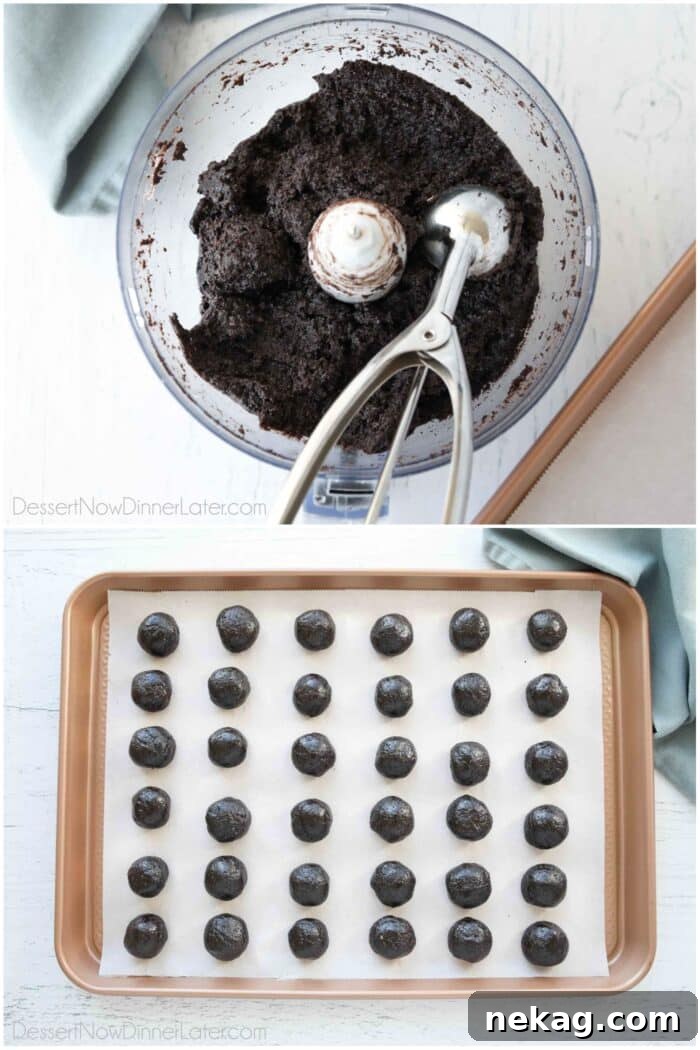 No Bake Oreo Truffles 7 Two images. On the left, a close-up of the Oreo truffle filling in a food processor bowl. On the right, perfectly rounded Oreo filling balls arranged on a parchment-lined tray, ready for chilling.