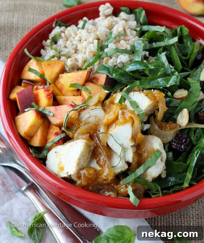 Collard Green Salad with Vidalia Onion Peach Glazed Chicken - Close-up of salad ingredients with cooked farro