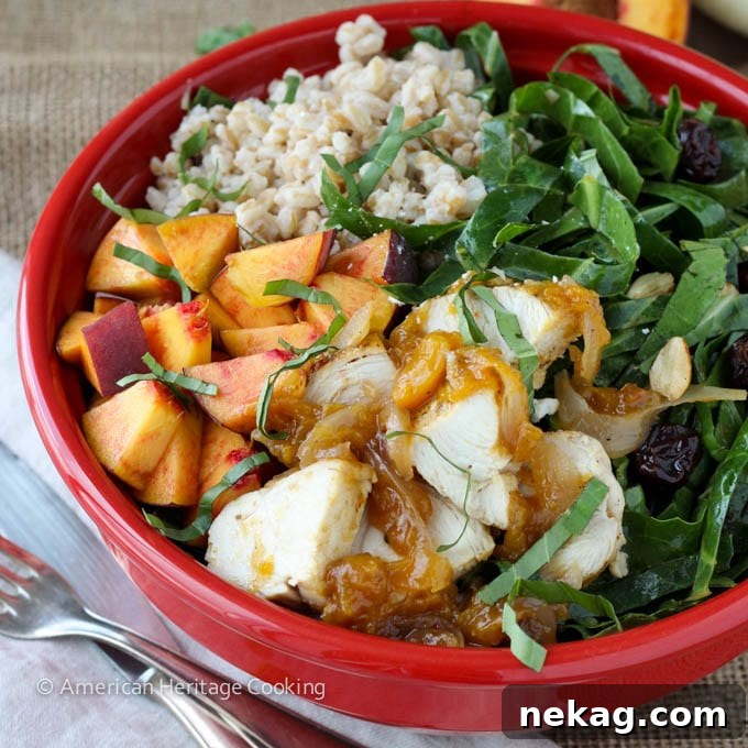 Collard Green Salad with Vidalia Onion Peach Glazed Chicken - Spicy peach glazed chicken close-up, golden and glistening