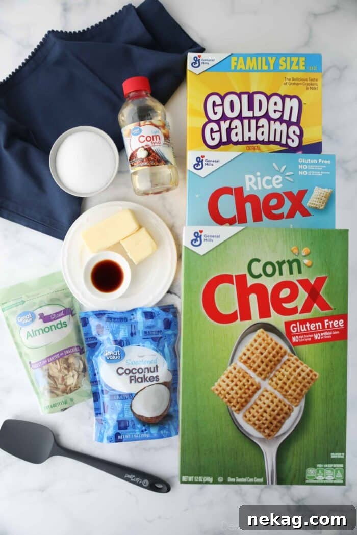 A collection of ingredients laid out for the sweet Chex mix recipe, including cereals, coconut, almonds, sugar, corn syrup, butter, and vanilla extract.