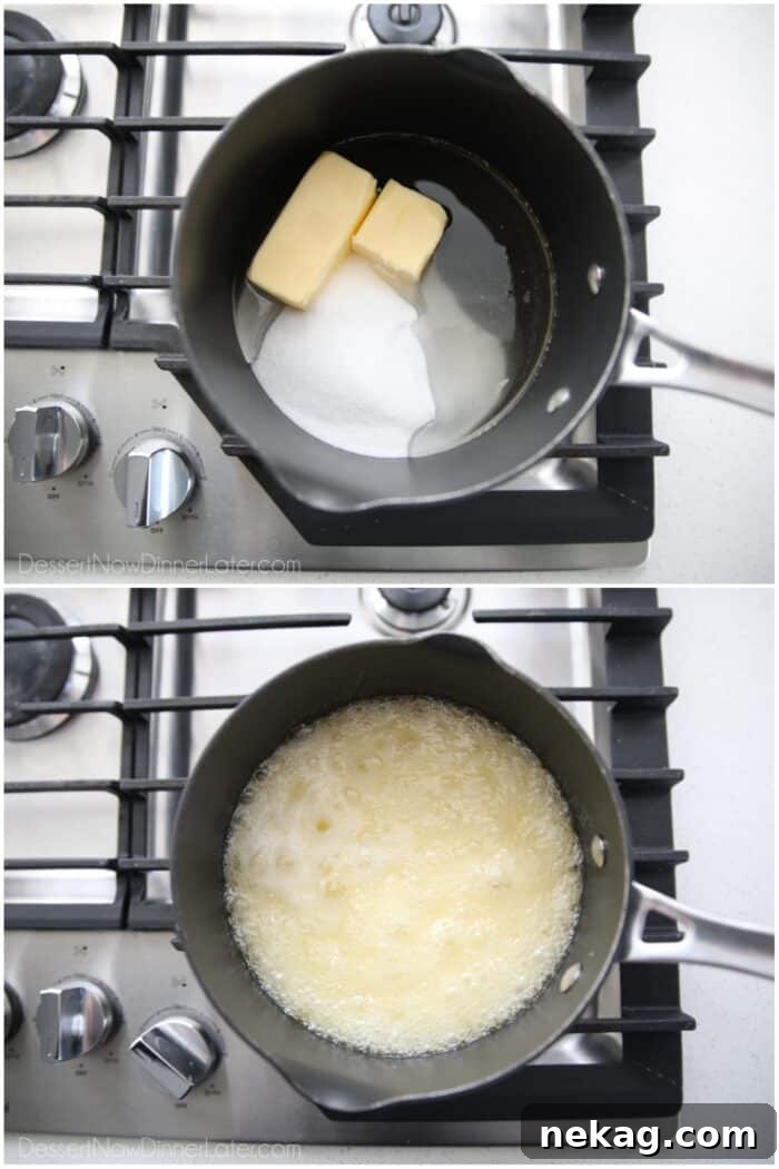 A saucepan on the stove with sugar, corn syrup, and butter boiling, creating the sweet candy coating.