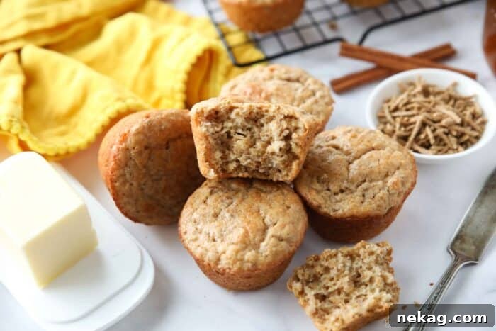 Wholesome Bran Muffins 11 Muffins made with All-Bran cereal, with one muffin showing the light and fluffy interior texture.