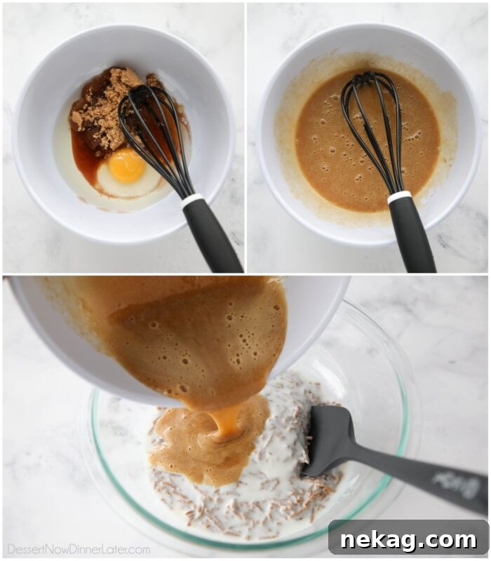 Wholesome Bran Muffins 7 Wet ingredients being mixed into the soaked bran cereal.