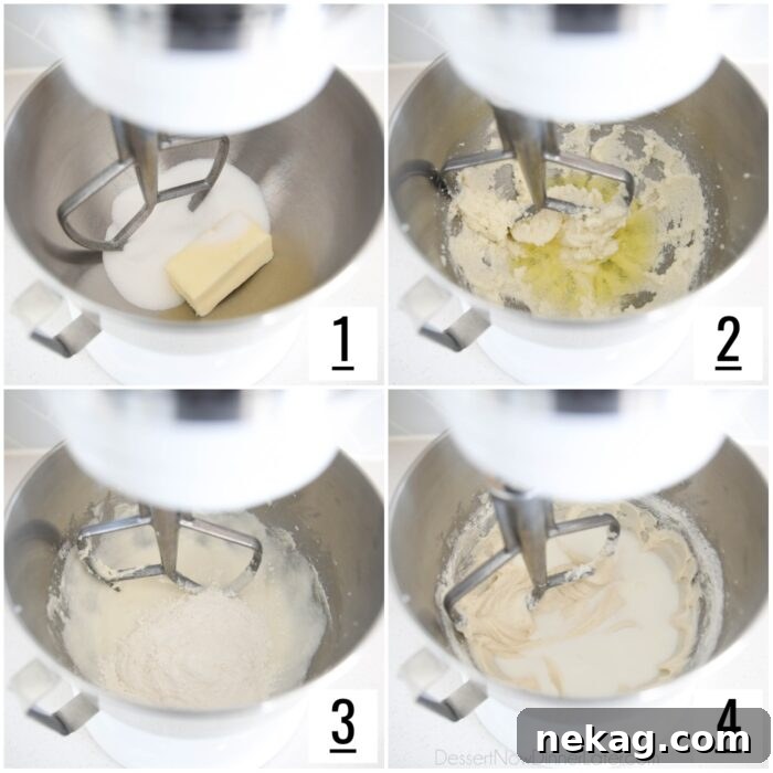 Perfectly Fluffy White Cupcakes 6 Stages of mixing white cake batter in a stand mixer, from creaming butter and sugar to incorporating wet and dry ingredients.