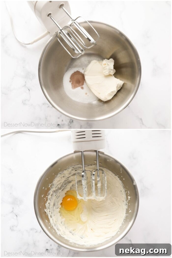 A step-by-step image guide demonstrating how to prepare creamy cheesecake batter.