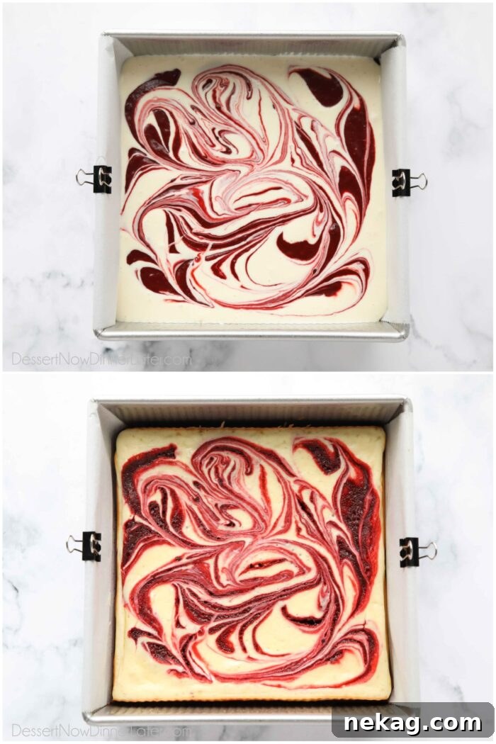 A comparison photo showing swirled red velvet cream cheese brownies before and after baking, highlighting the color change.