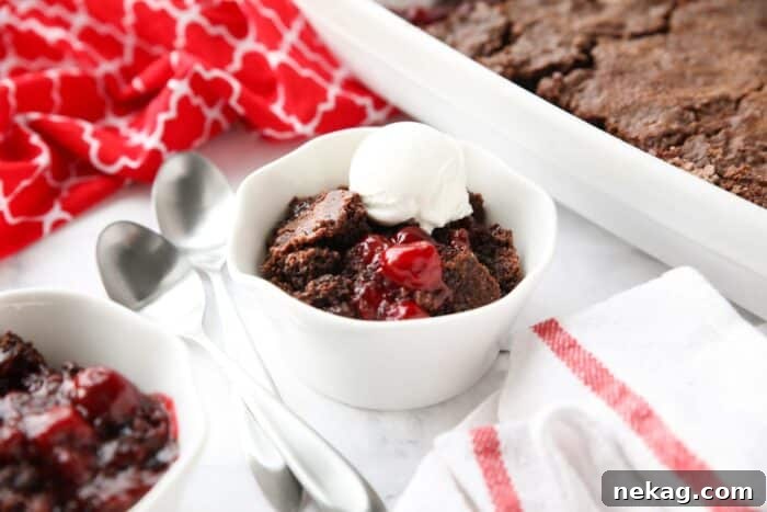 Chocolate cherry cobbler in a small bowl topped with vanilla ice cream.